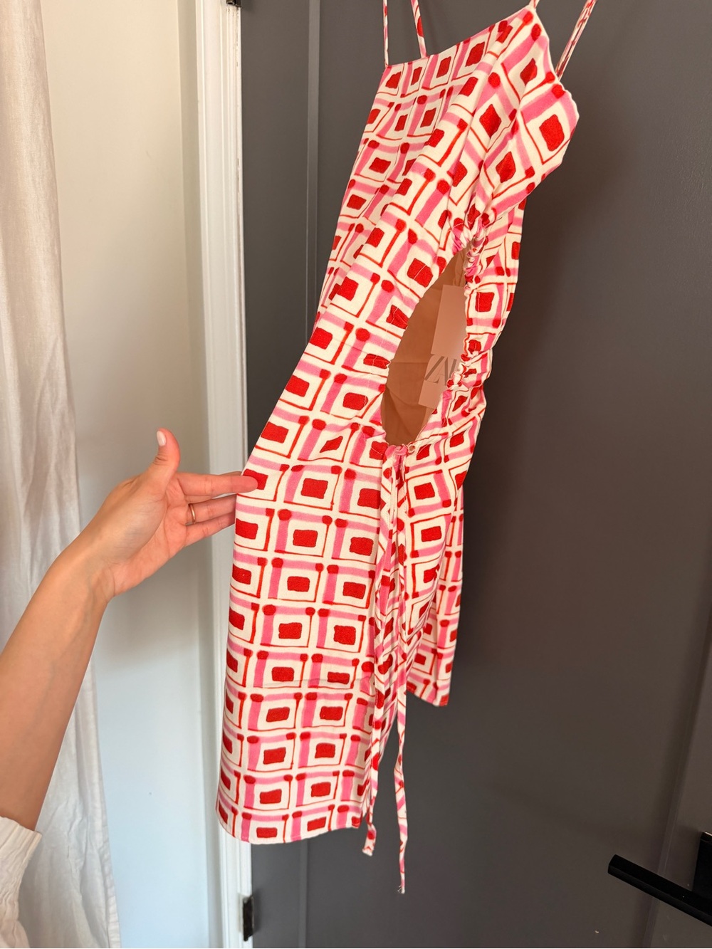 Zara Red and Pink Square Print Spaghetti Strap Dress - Picture 2 of 5